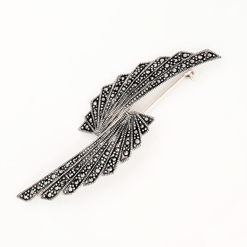 Art Deco Marcasite Double Fan Brooch in Sterling Silver