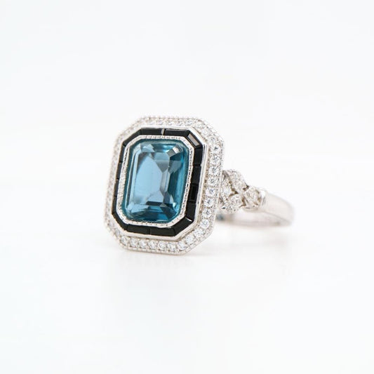 Onyx halo Art Deco ring in London Blue Topaz,  Vintage style Topaz ring, Onyx and topaz engagement ring, Vintage jewelry