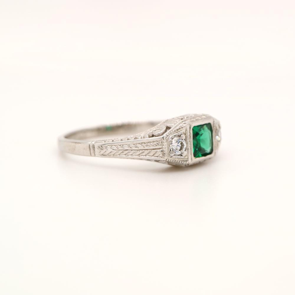 Art Deco Sterling Silver ring with Center Emerald and shoulder CZ