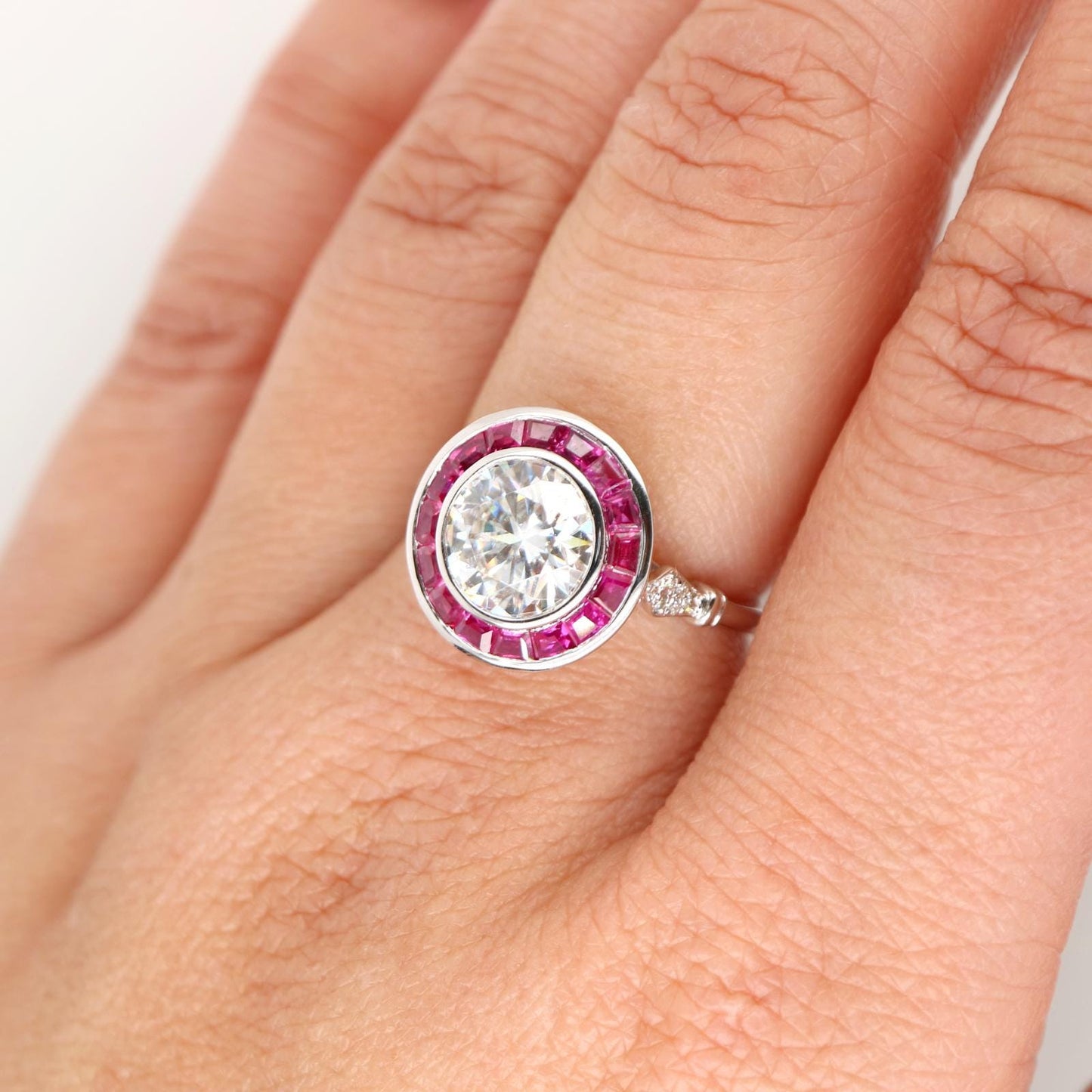 Vintage gold and natural ruby  halo ring with moissanite centre stone, Natural ruby halo ring