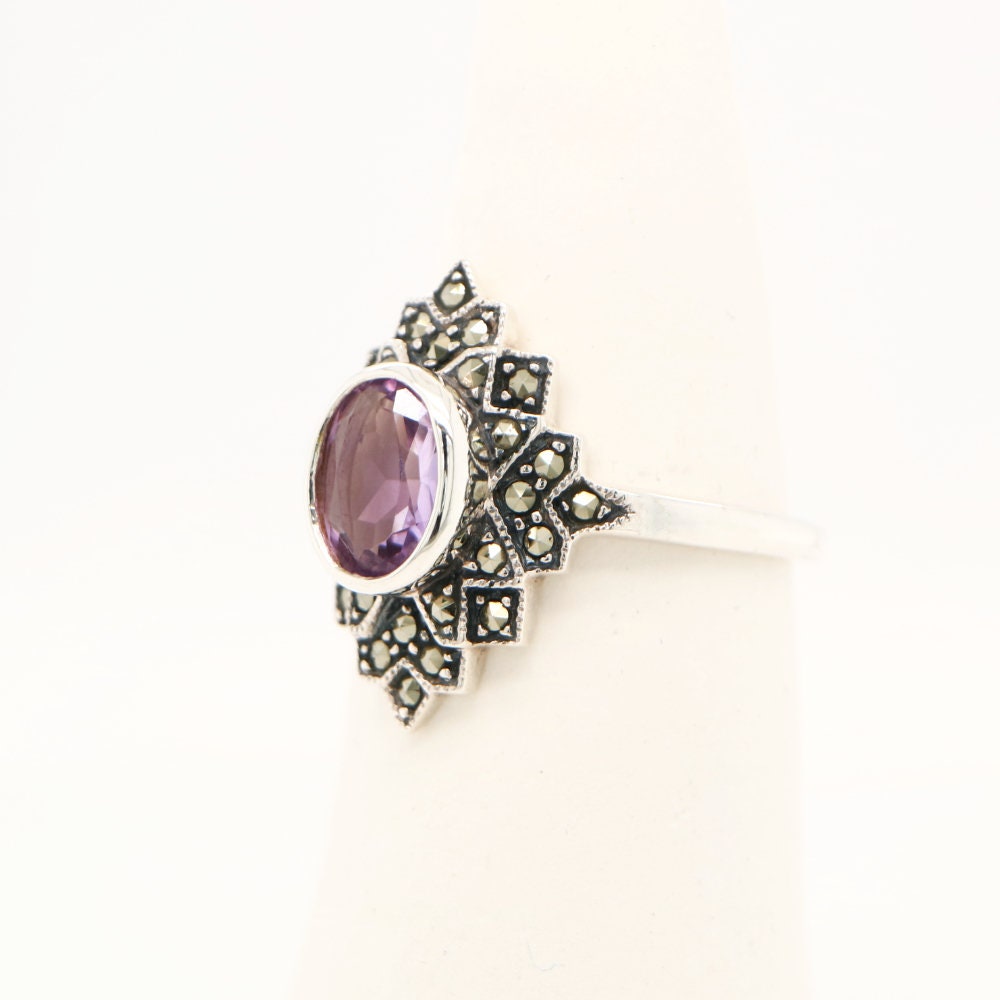 Marcasite Burst Ring with Amethyst Center Stone in Silver