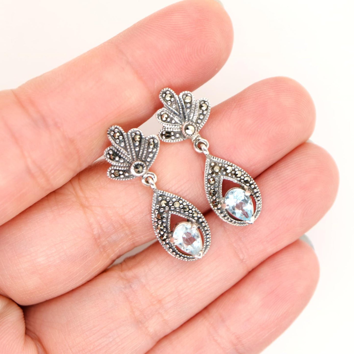 Blue Topaz Drop Earring with Marcasite in Sterling Silver