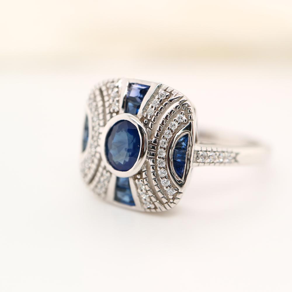 Sterling Silver Art deco Sapphire Gem Cluster Ring