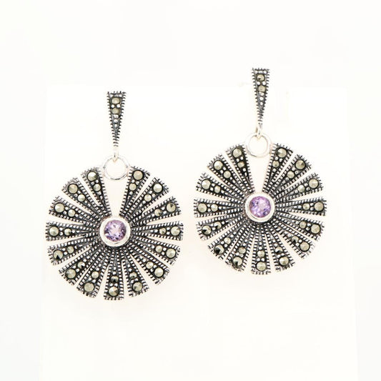 Circular Marcasite Fan Earrings With Amethys in Silver