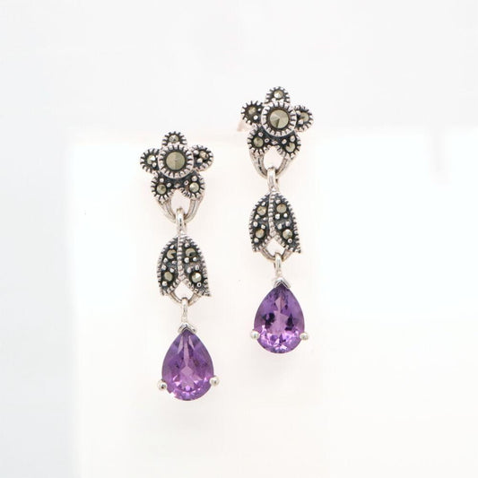 Marcasite Flower with Amethyst Drop in Silver