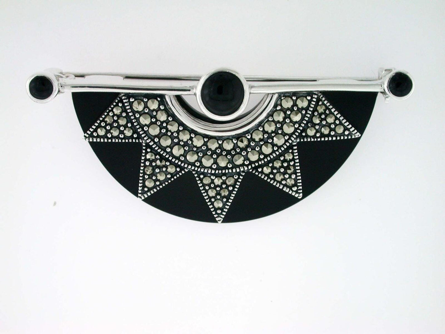 Art Deco sterling silver Onyx fan Brooch, Art Deco pearl fan booch with marcasite in sterling silver