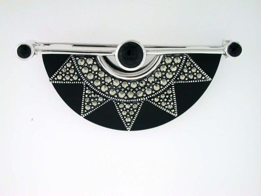 Art Deco sterling silver Onyx fan Brooch, Art Deco pearl fan booch with marcasite in sterling silver