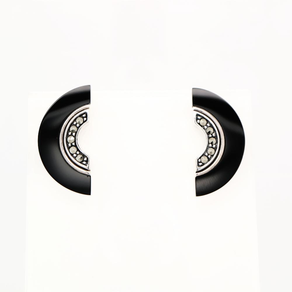 Art Deco Onyx Fan Earrings with Marcasite in Sterling Silver