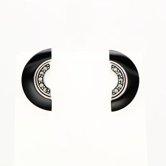 Art Deco Onyx Fan Earrings with Marcasite in Sterling Silver