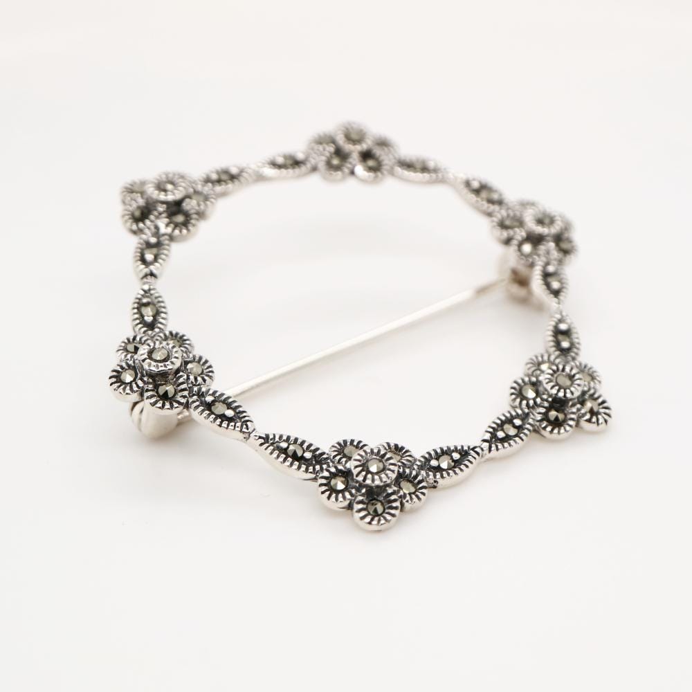 Flower hoop brooch in Marcasite and silver, Gift for her