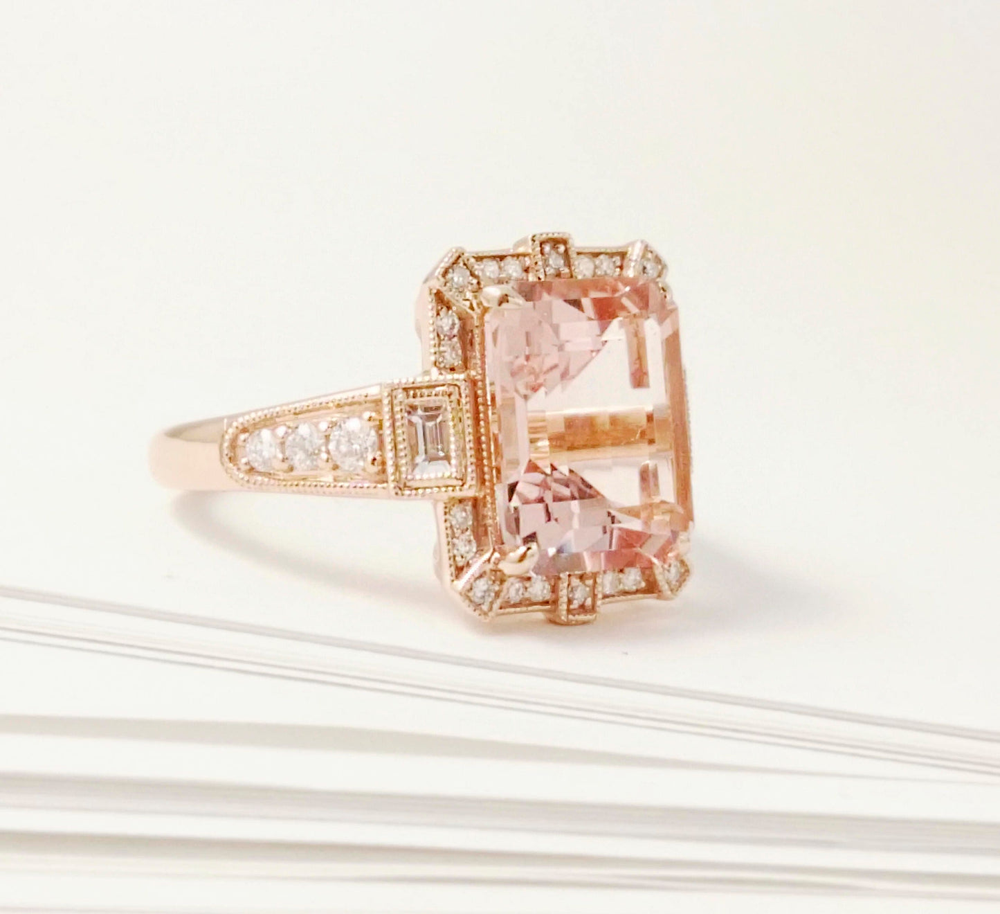 Art Deco vintage Morganite ring, Rose gold  diamond ring,  Art deco vintage ring, Rose gold engagement ring, Rose gold wedding ring,