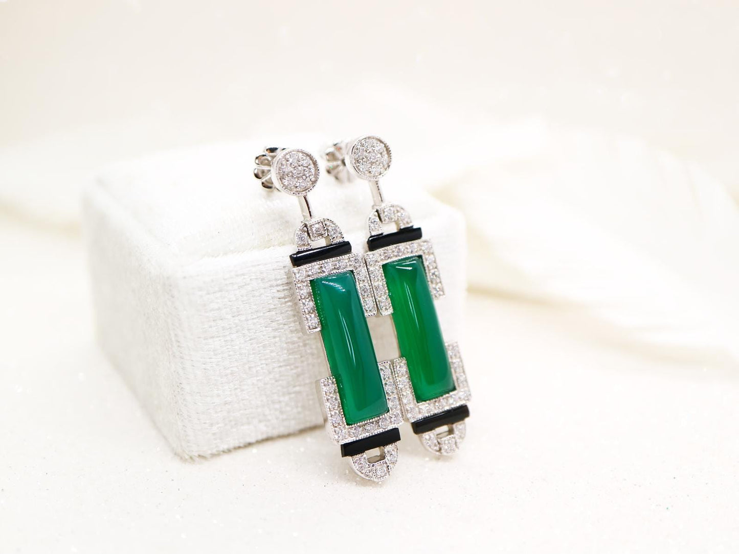 Art deco barrel drop earring in green agate, Cubic Zirconia, Black onyx sterling silver, Custom made jewelry