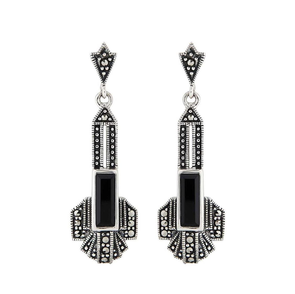 Art Deco Drop Earrings in Black Onyx, Marcasite and Sterling Silver