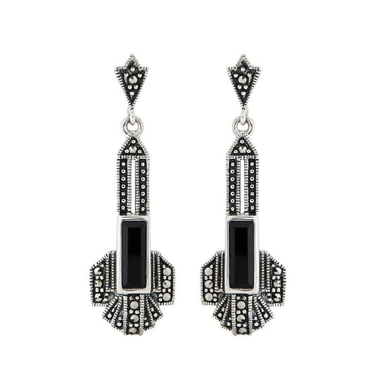 Art Deco Drop Earrings in Black Onyx, Marcasite and Sterling Silver
