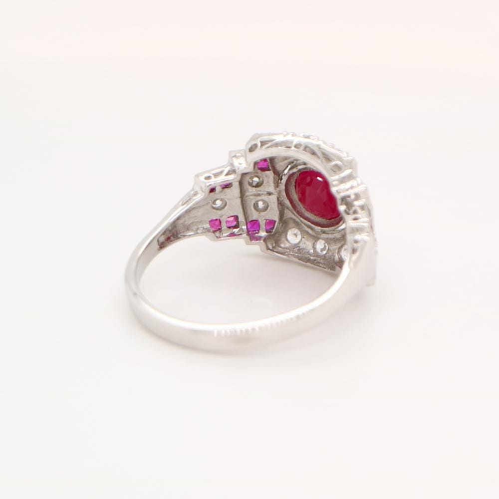 Art Deco Cocktail Ring with Ruby and Diamond in 9k White Gold