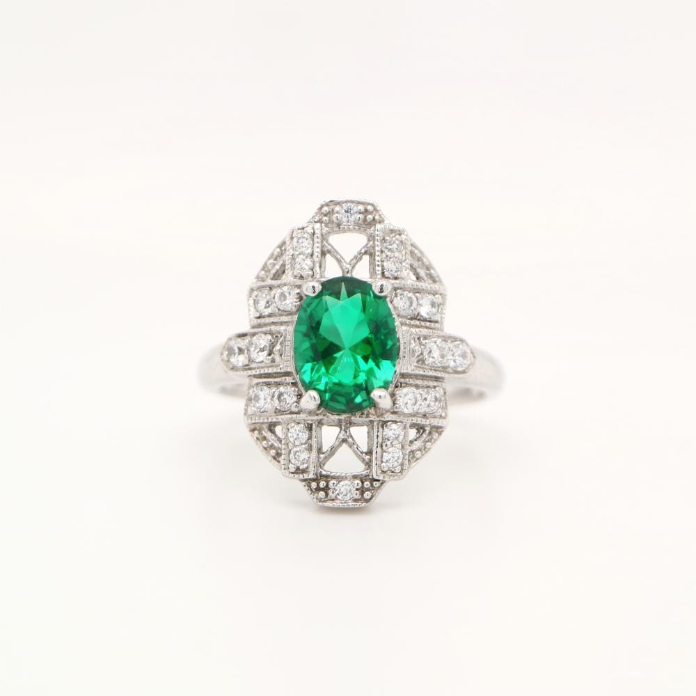 Art Deco Emerald ring in Sterling Silver with CZ, Art Deco Emerald ring in White Gold with Diamond