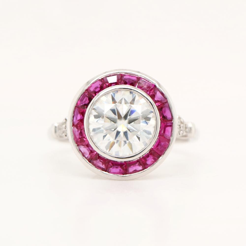 Vintage gold and natural ruby  halo ring with moissanite centre stone, Natural ruby halo ring