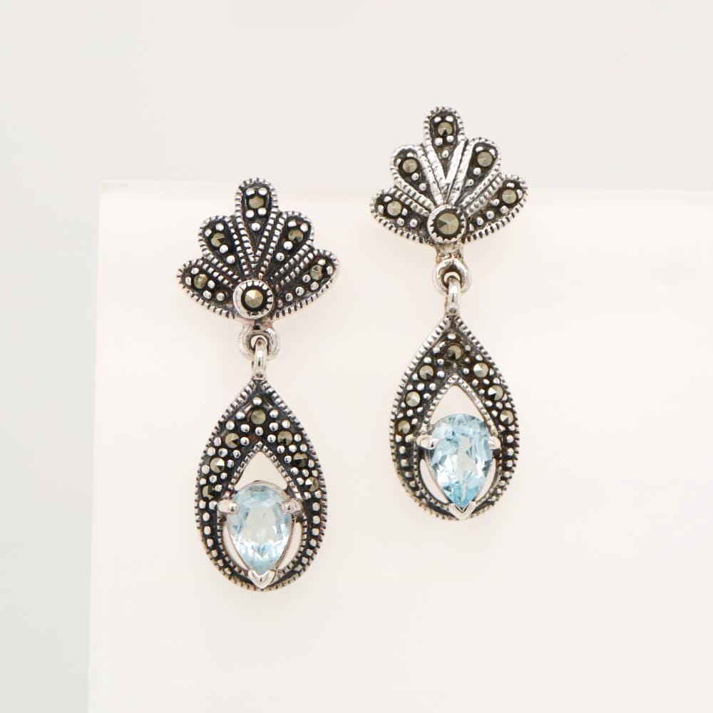Blue Topaz Drop Earring with Marcasite in Sterling Silver