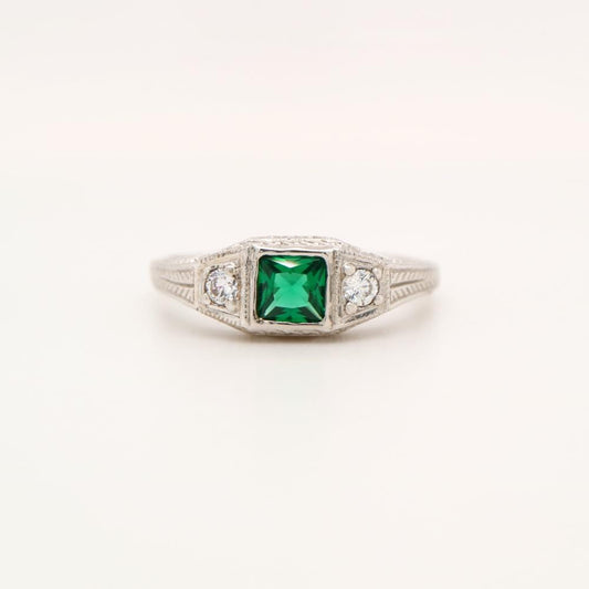 Art Deco Sterling Silver ring with Center Emerald and shoulder CZ