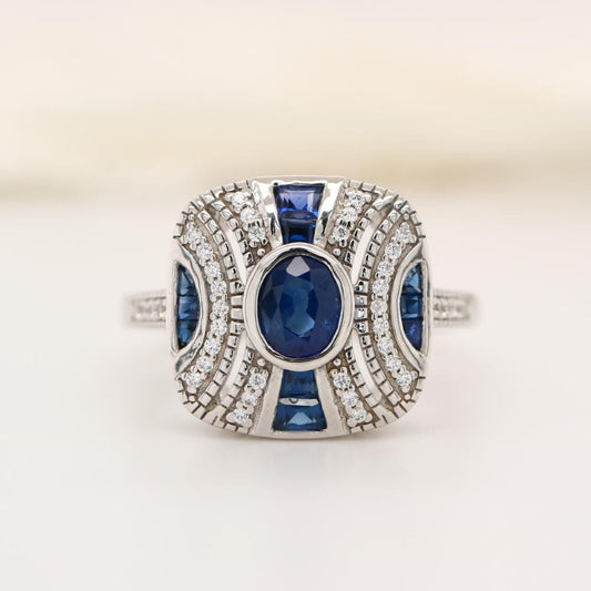 Sterling Silver Art deco Sapphire Gem Cluster Ring
