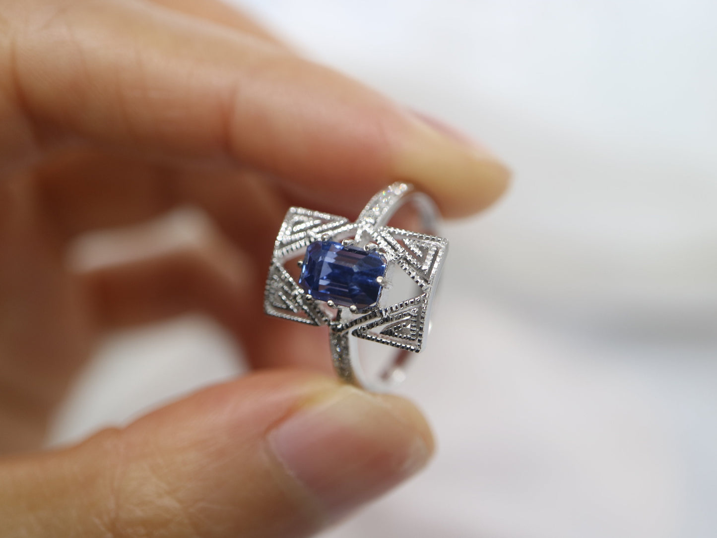 Art Deco sapphire engagement ring, 14k white gold vintage sapphire and engagement ring, radiant cut natural blue sapphire  wedding ring, Gift for her