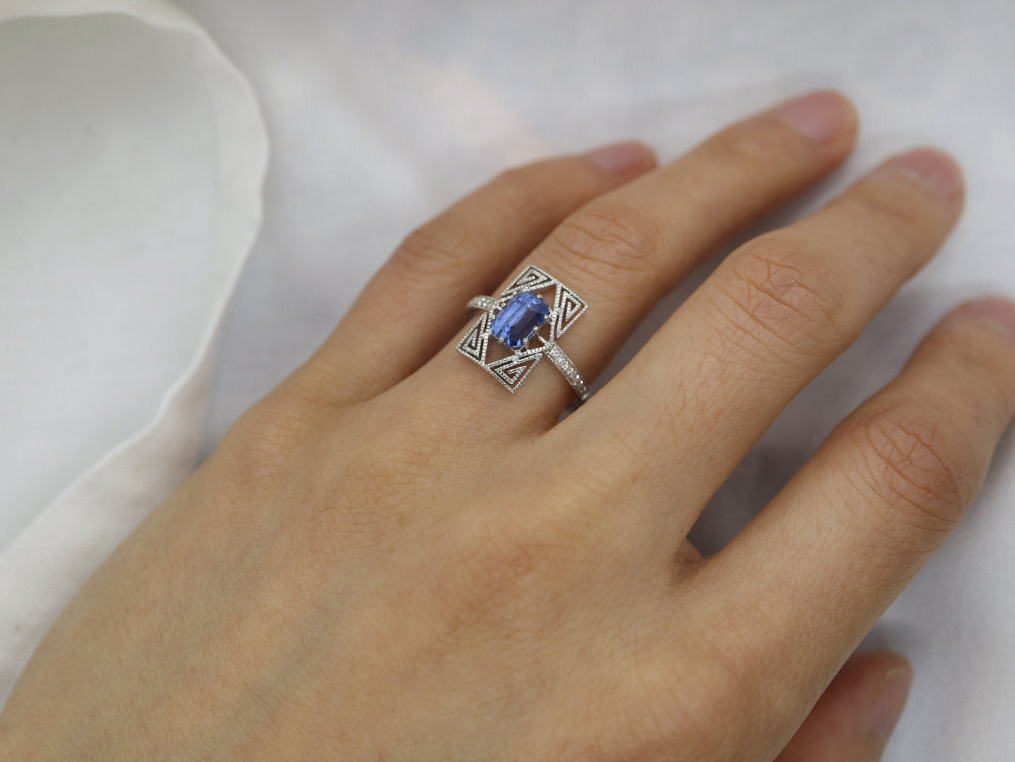 Art Deco sapphire engagement ring, 14k white gold vintage sapphire and engagement ring, radiant cut natural blue sapphire  wedding ring, Gift for her