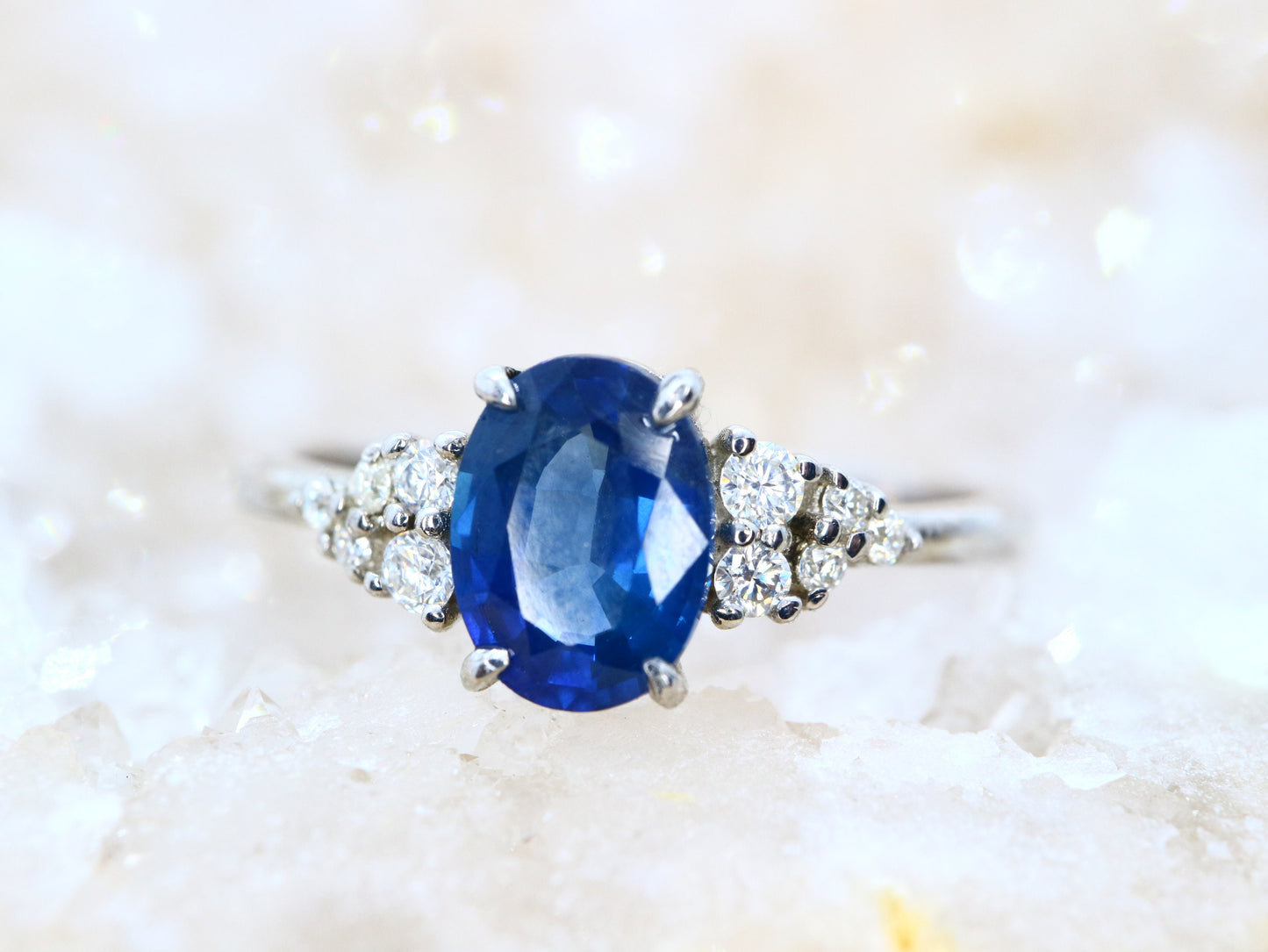 Elegant 14k White Gold Sapphire and Diamond Cluster Ring,14k white gold natural sapphire and diamond ring, Sapphire cluster diamond ring