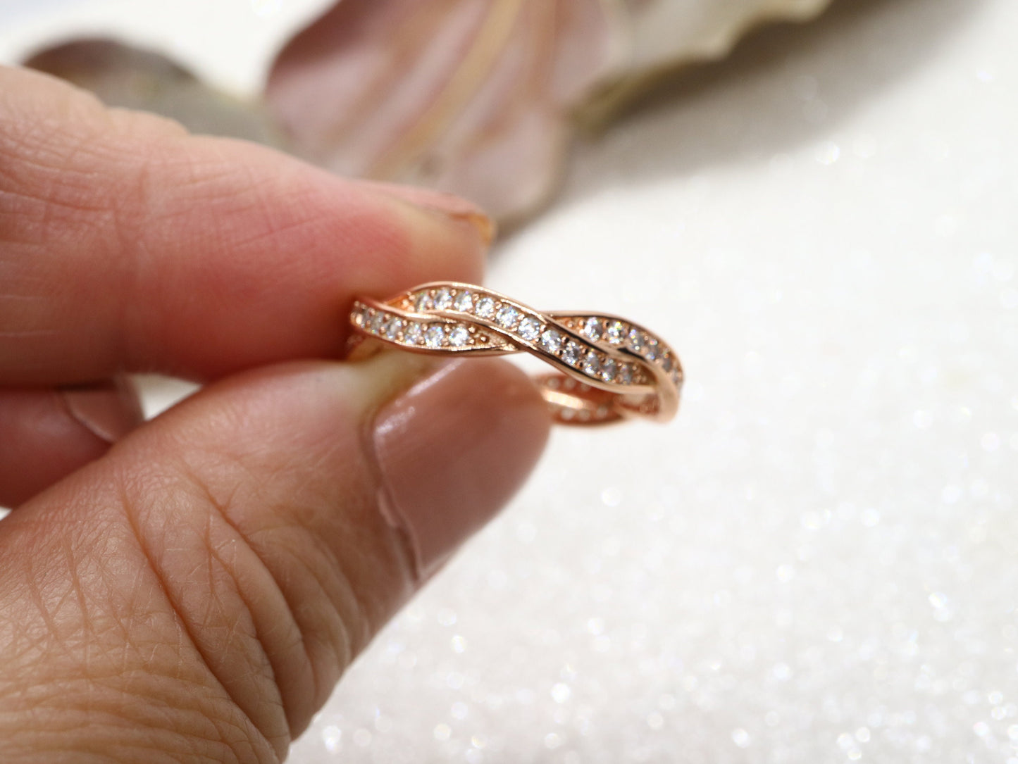 Rose gold sterling silver twist ring, White crystal ring, Rose gold stack ring, Rose gold eternity band, handmade Diamond stimulant