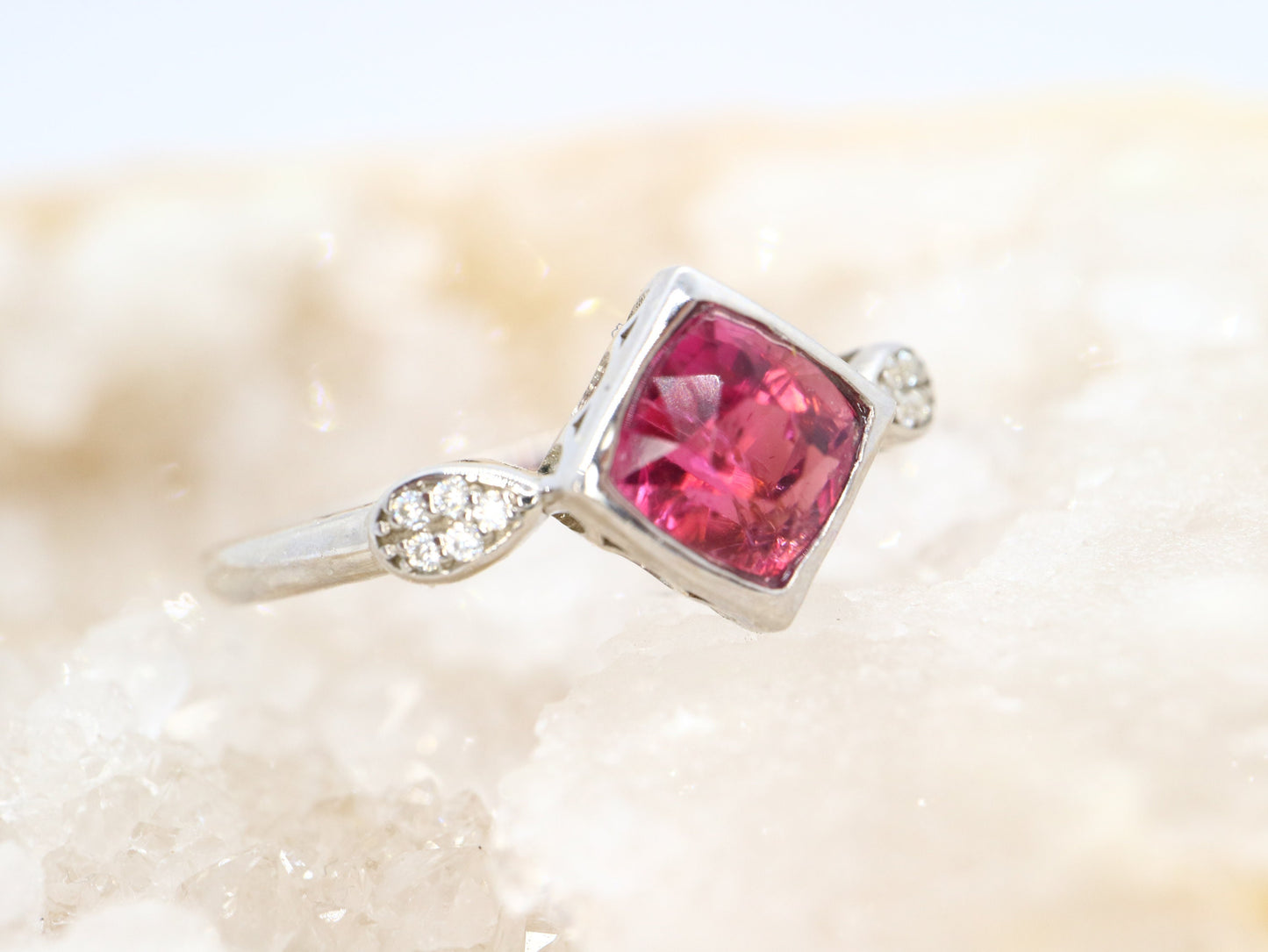 14k white gold natural tourmaline ring, Gemstone engagement ring, Engagement ring