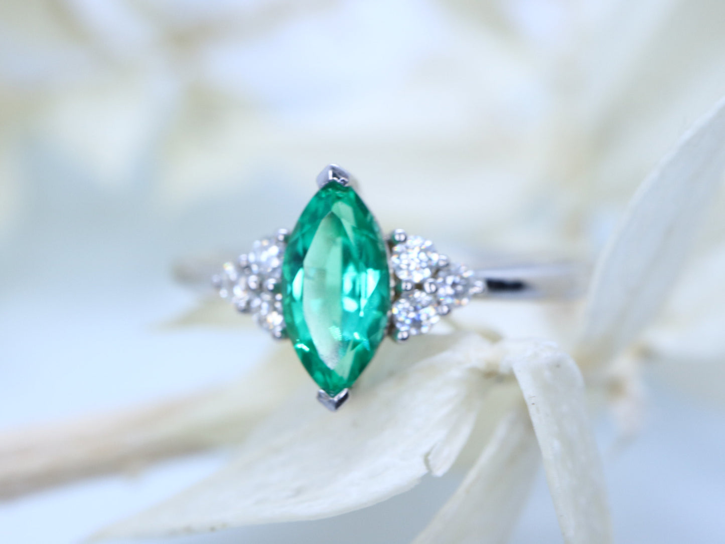 14k write gold Marquise shaped emerald ring, Emerald cluster ring, Cluster engagement ring, Emerald engagement ring, cluster ring gold