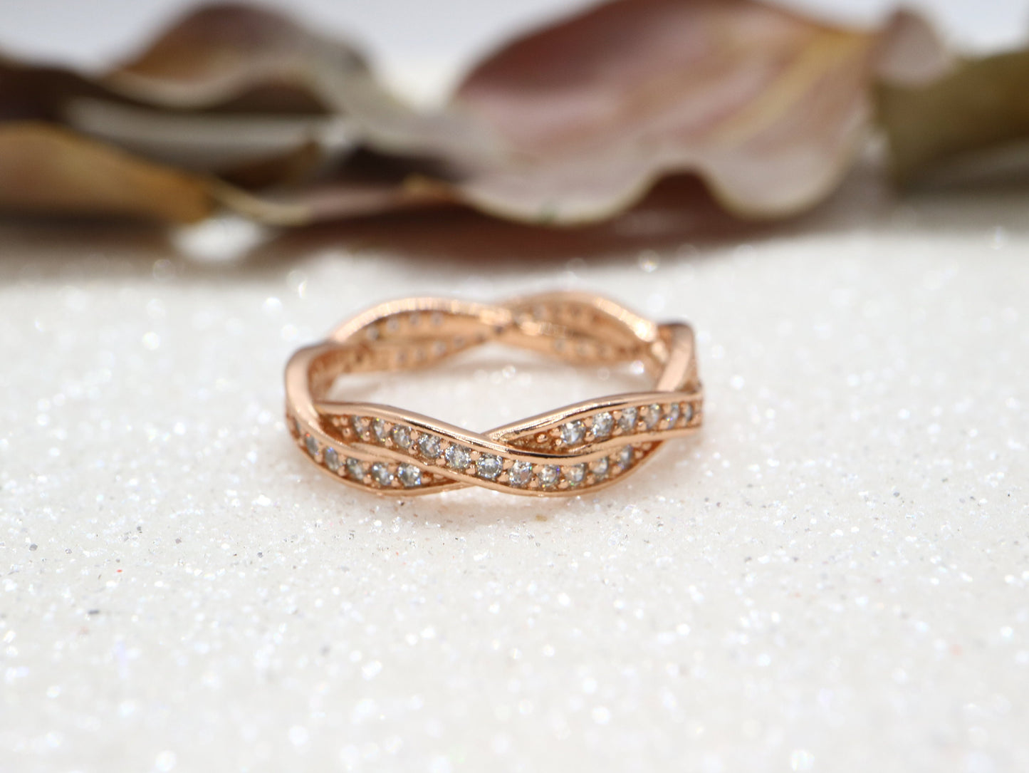 Rose gold sterling silver twist ring, White crystal ring, Rose gold stack ring, Rose gold eternity band, handmade Diamond stimulant