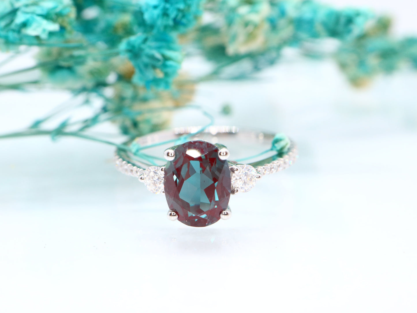 Alexandrite engagement ring, 18k white gold alexandrite and diamond ring, Oval cut alexandrite ring, unique color change ring