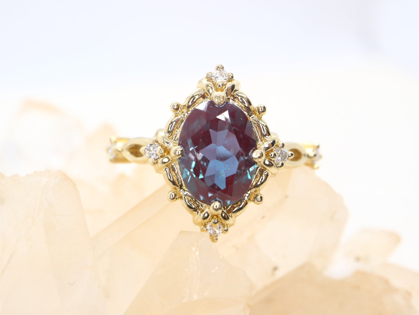 Art Deco Vintage Oval Cut Diamond Engagement Ring in Yellow Gold with Lab Created Alexandrite Accent