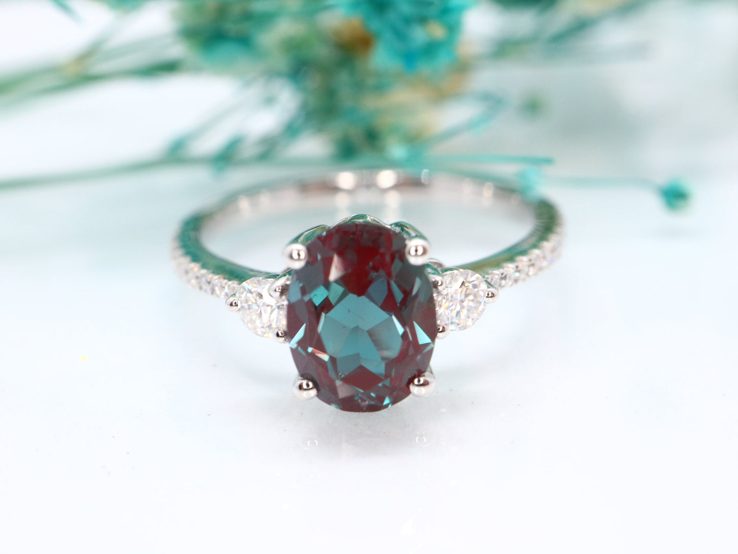 Alexandrite engagement ring, 18k white gold alexandrite and diamond ring, Oval cut alexandrite ring, unique color change ring