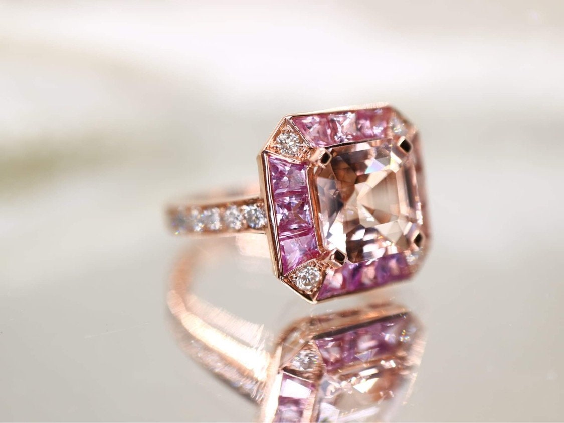 Morganite and pink sapphire ring with natural diamond in rose gold setting - Diamond engagement ring, Morganite ring, Rose gold ring