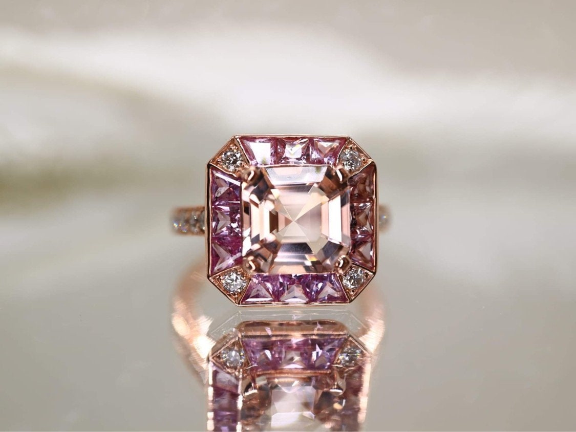 Morganite and pink sapphire ring with natural diamond in rose gold setting - Diamond engagement ring, Morganite ring, Rose gold ring