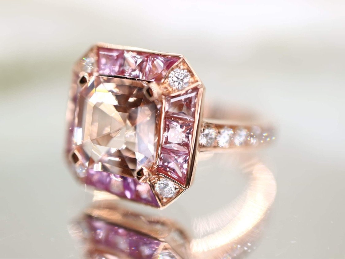 Morganite and pink sapphire ring with natural diamond in rose gold setting - Diamond engagement ring, Morganite ring, Rose gold ring
