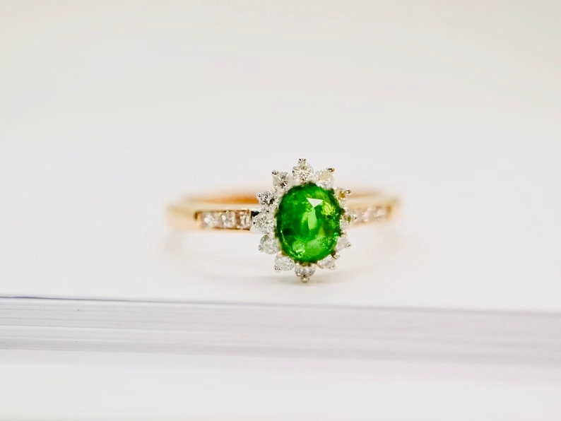 Tsavorite garnet diamond halo ring in rose gold, white gold gemstone engagement ring, Promise ring, October birthstone