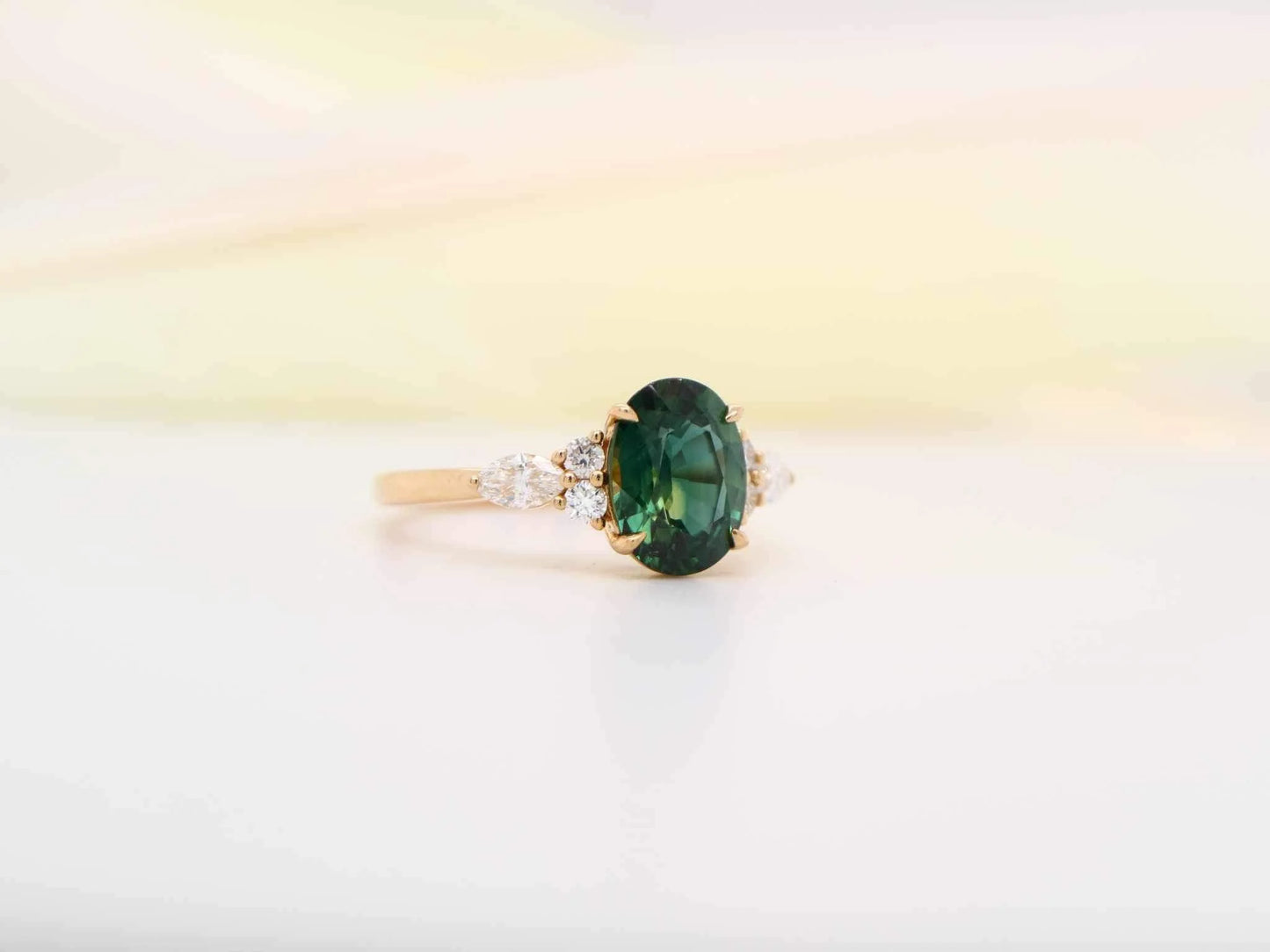 Yellow gold sapphire and diamond ring, oval cut natural parti-sapphire ring, bulish green sapphire engagement ring