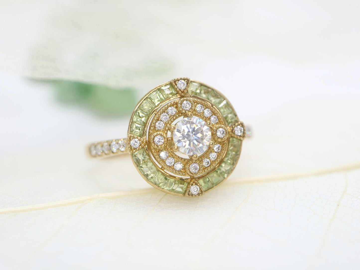 Art Deco diamond  engagement ring, 14k yelllow gold Peridot halo ring, Anniversary gift, Vintage gold ring, Vintage engagement ring