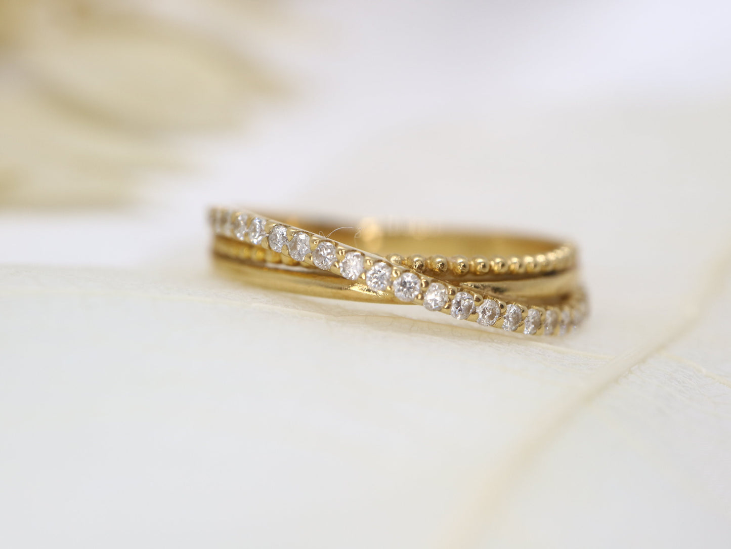 18k triple cross over diamond band, Natural diamond cross three rings, One simple row diamond stacking slim ring, Anniversary ring