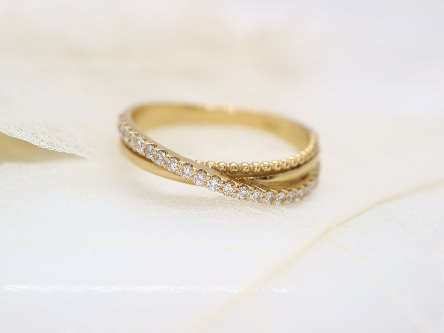 18k triple cross over diamond band, Natural diamond cross three rings, One simple row diamond stacking slim ring, Anniversary ring