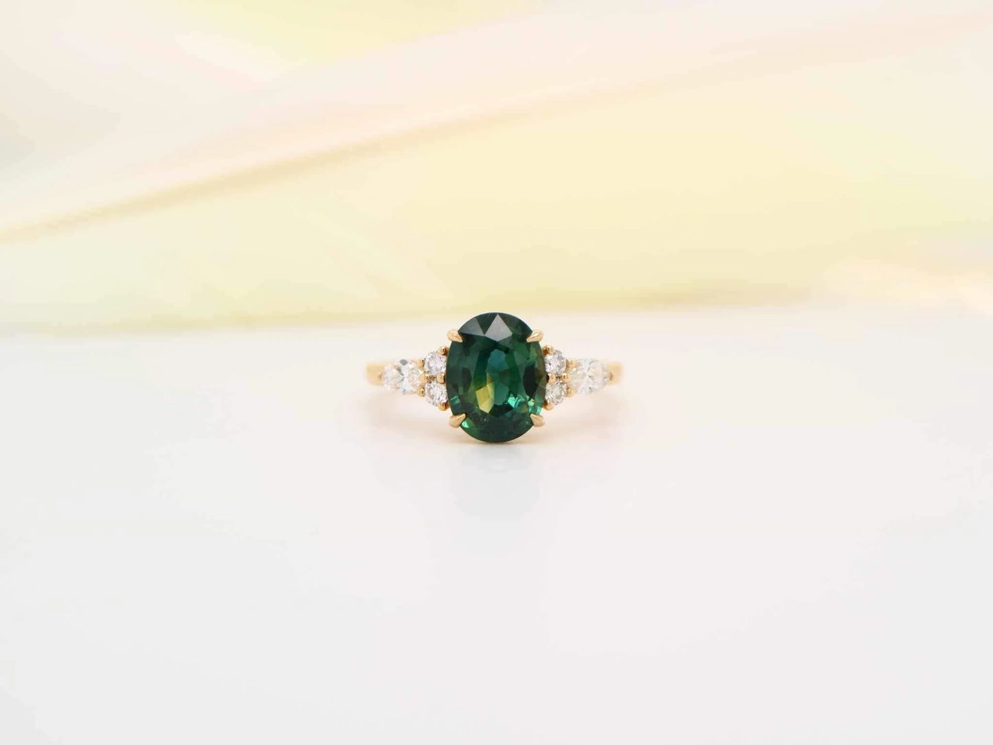 Yellow gold sapphire and diamond ring, oval cut natural parti-sapphire ring, bulish green sapphire engagement ring