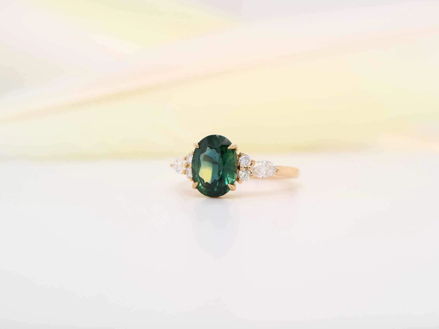 Yellow gold sapphire and diamond ring, oval cut natural parti-sapphire ring, bulish green sapphire engagement ring