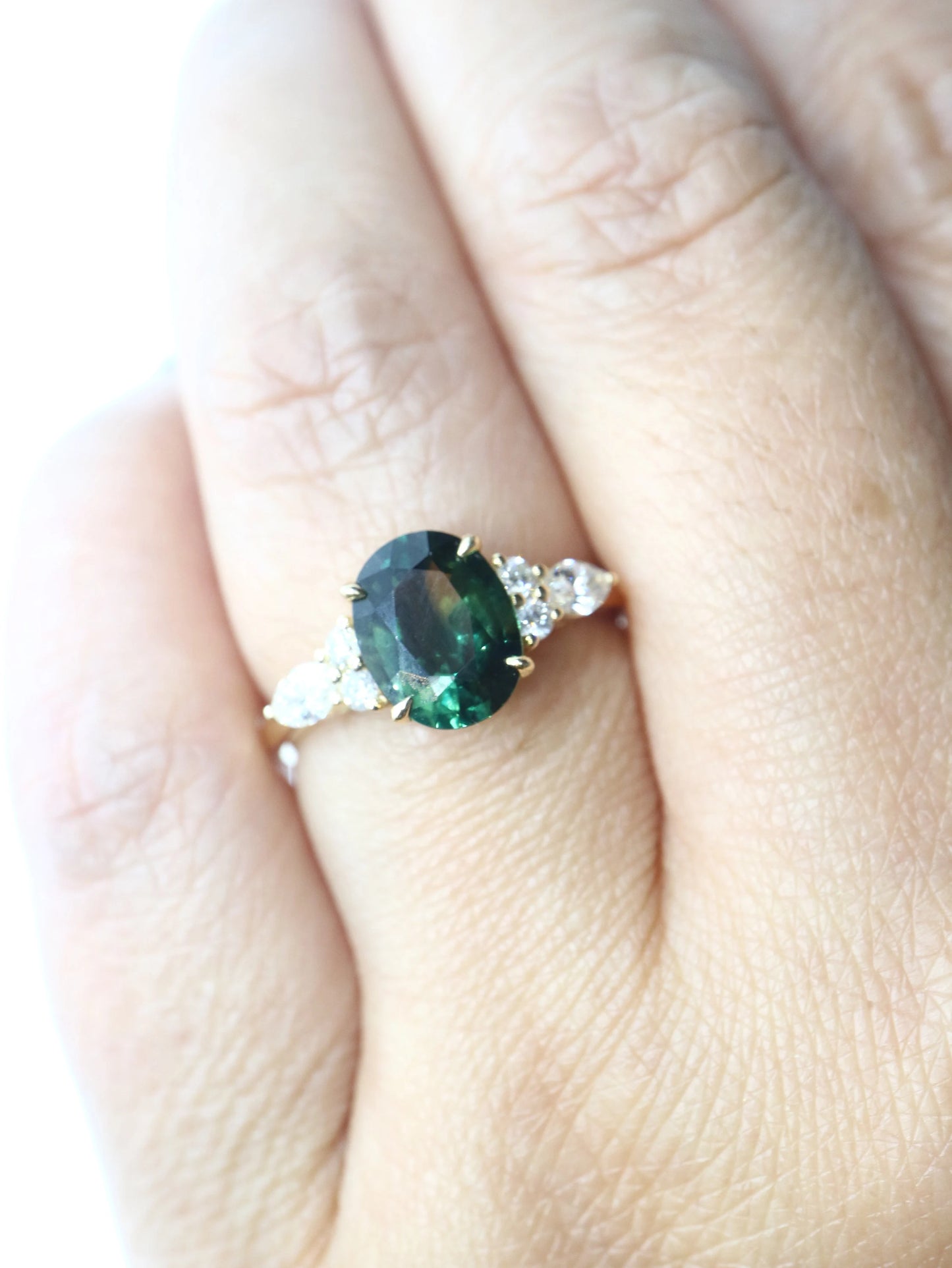 Yellow gold sapphire and diamond ring, oval cut natural parti-sapphire ring, bulish green sapphire engagement ring