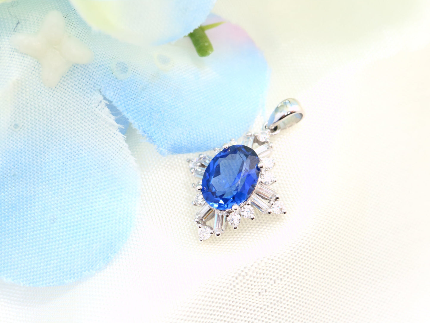 Lab created sapphire with Moissanite  Pendent, White gold sapphire pendant