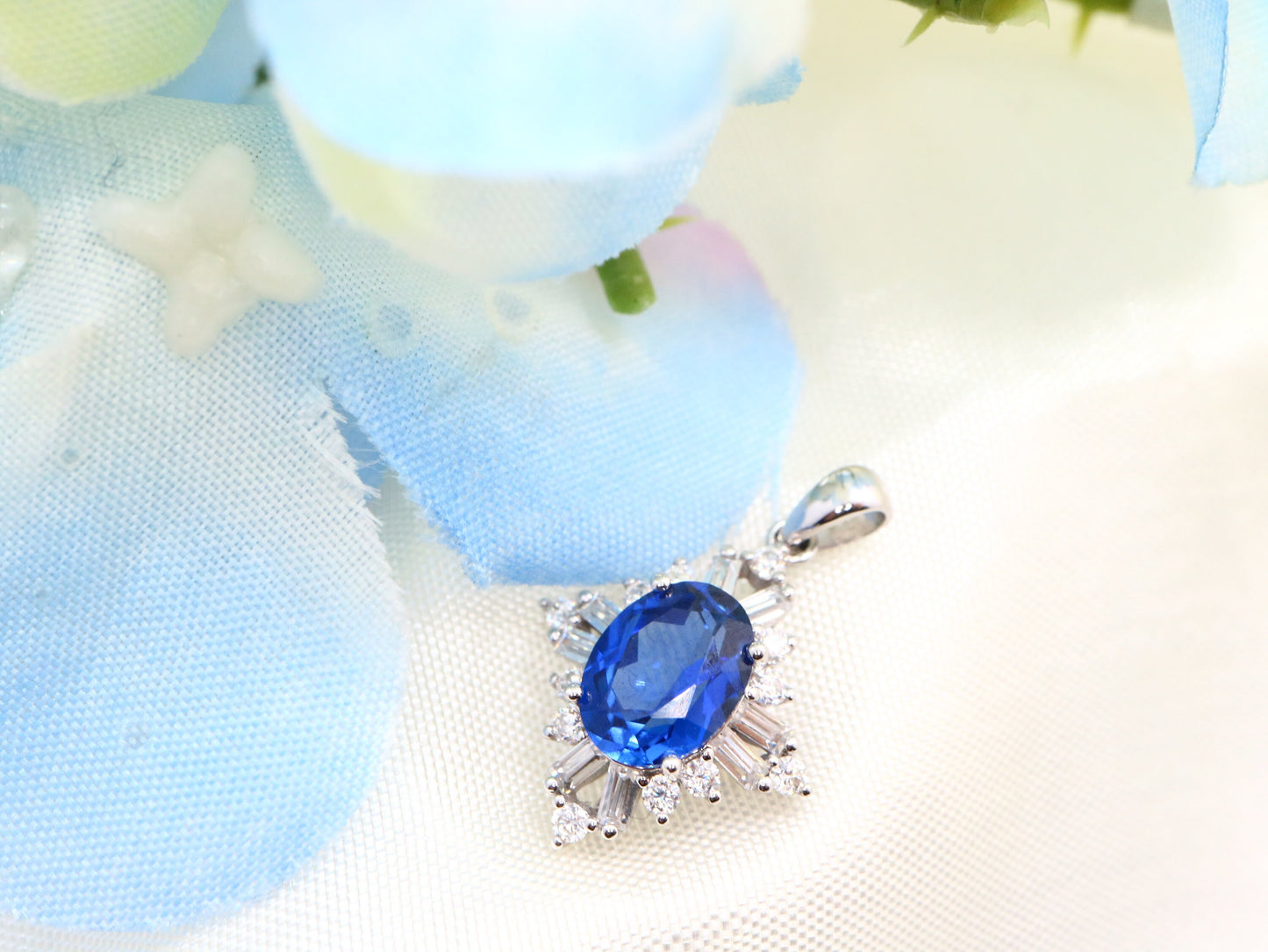 Lab created sapphire with Moissanite  Pendent, White gold sapphire pendant