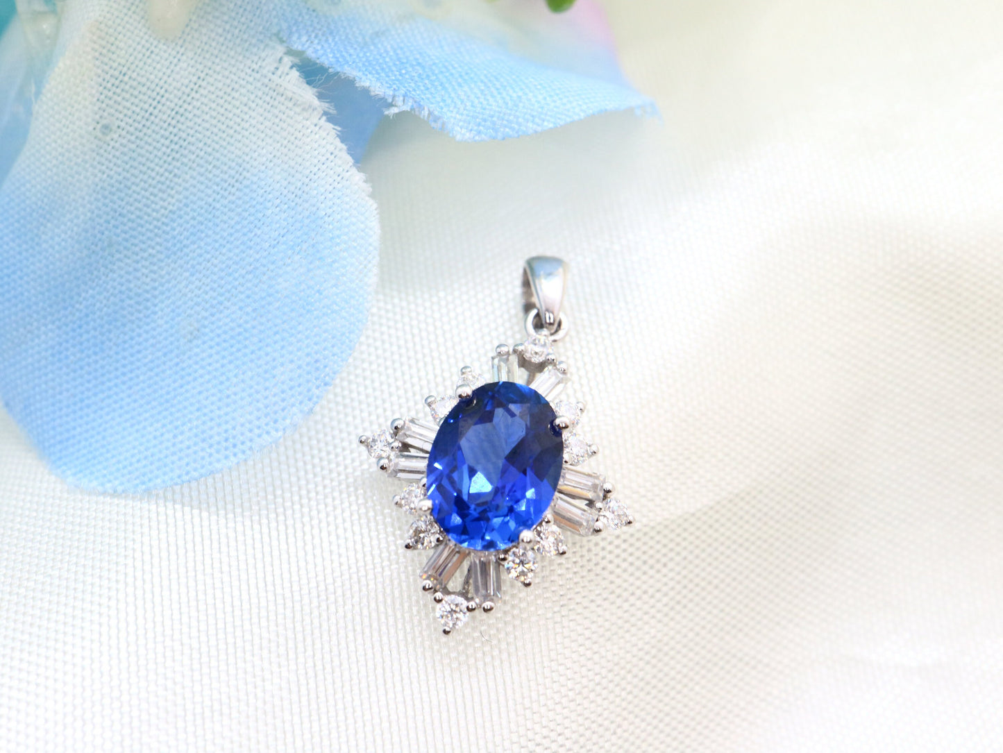 Lab created sapphire with Moissanite  Pendent, White gold sapphire pendant