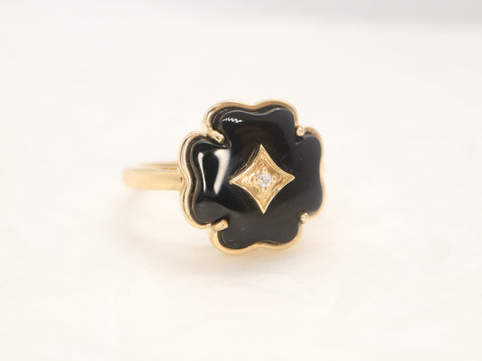 Onyx clover Ring, Vintage  Retro 9k  yellow gold black onyx diamond, 1940s Mid century four leaf clover ring