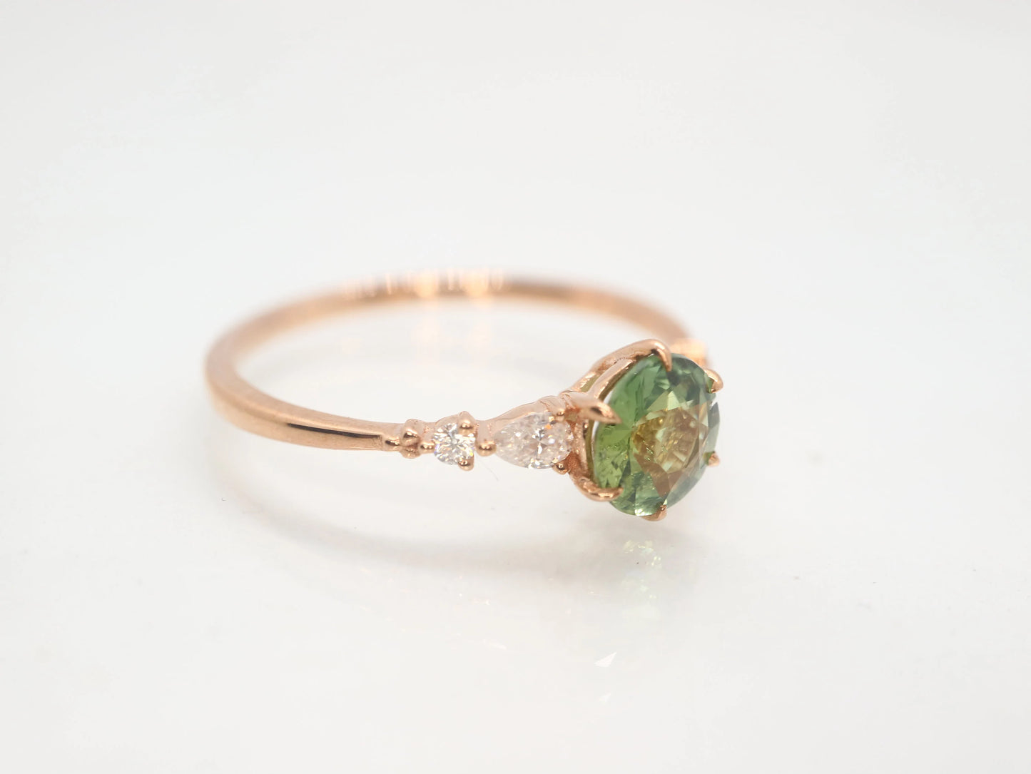 14 rose gold green sapphire and moissinate ring, bridesmaids ring, ring for women, gifts for her